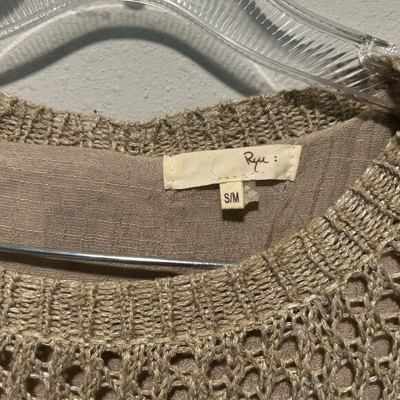 Ryu Tunic Top S/M Bow Knit Crochet Lined Shark Bite Flare Sleeve Neutral Layered - Picture 3 of 11